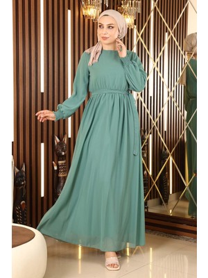 Missvalle Manşeti Lastikli Şifon Abiye Mint 12003