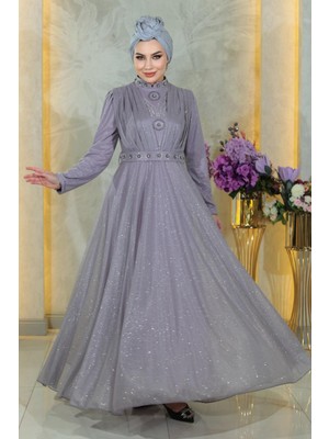 Missvalle Taş Detaylı Göğsü Drapeli Simli Abiye Lila 19188