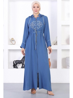 Missvalle Nakışlı Kapşonlu Ferace Mavi 12210