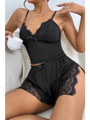 Bella Notte Siyah Yırtmaçlı Şort Gecelik Takım