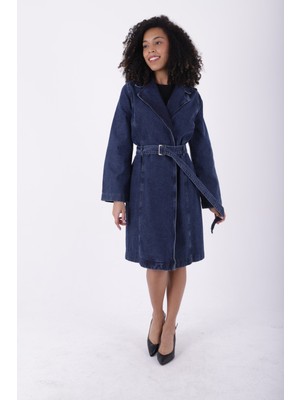 Richmost Kemer Detaylı ve Cepsiz Astarsız Midi Boy Geniş Uzun Kollu Kadın Rahat trençkot Koyu Rins Sonbahar 