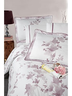 Silkarea Florentina V.2 %100 Pamuk Saten King Size (XL/Battal) Nevresim Takımı - Beyaz-Mor Desen