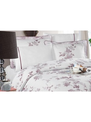 Silkarea Florentina V.2 %100 Pamuk Saten King Size (XL/Battal) Nevresim Takımı - Beyaz-Mor Desen