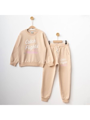 Miniğimin Cicileri Catch Flight Baskı Özel Fırçalı Kumaş Kız Çocuk eşofman takımı - Camel