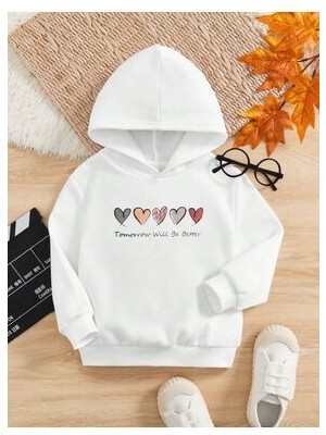 Afternoon Kids Kız Çocuk Beyaz Kapşonlu Renkli Kalpler Baskılı Sweatshirt