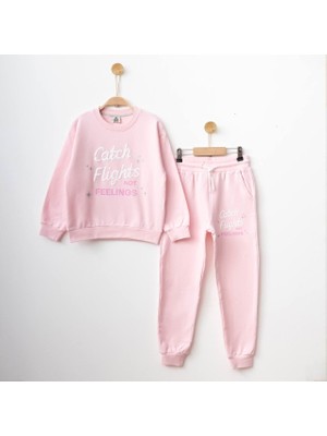 Miniğimin Cicileri Catch Flight Baskı Özel Fırçalı Kumaş Kız Çocuk eşofman takımı - Pembe
