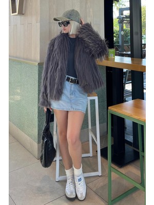 Madmext Antrasit Şal Yaka Kadın Suni Kürk Mont MG2169