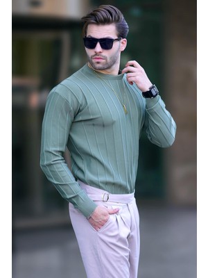 Madmext Çağla Yeşili Bisiklet Yaka Çizgili Uzun Kollu  Kazak 7244