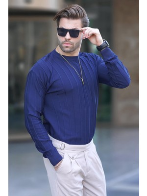 Madmext Lacivert Bisiklet Yaka Çizgili Uzun Kollu  Kazak 7244