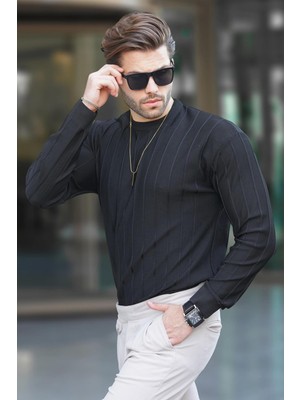 Madmext Siyah Bisiklet Yaka Çizgili Uzun Kollu  Kazak 7244