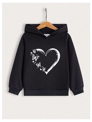 Afternoon Kids Kız Çocuk Siyah Kapüşonlu Kalpli Kelebekler Kalp Baskılı Sweatshirt