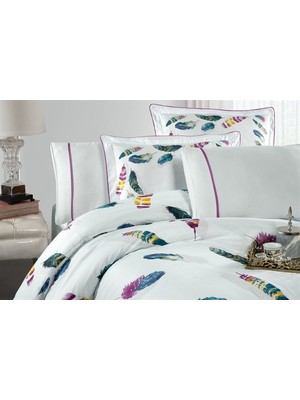 Silkarea Birdy %100 Pamuk Saten King Size (XL/Battal) Nevresim Takımı - Beyaz (Desenli)