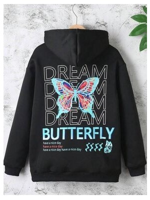 Afternoon Kids Siyah Kız Çocuk Kapşonlu Dream Butterfly Baskılı Sweatshirt