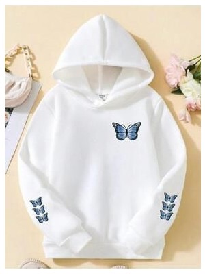 Afternoon Kids Kız Çocuk Beyaz Kapüşonlu Blue Butterfly Sweatshirt