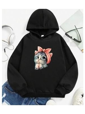 Afternoon Kids Siyah Kız Çocuk Kapşonlu Minik Kedicik Baskılı Sweatshirt