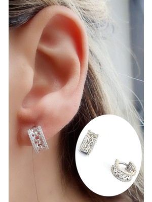 Ose Shop  Zirkon Taş Detaylı 925AYAR Gümüş Minimal Halka Küpe Cap 7mm