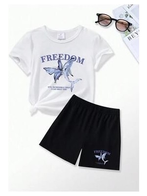 Afternoon Kids Kız Çocuk Beyaz ''freedom Kelebek'' Baskılı Tişört-Şort Takımı