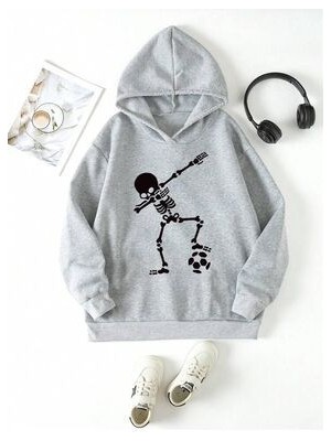 Afternoon Kids Erkek Çocuk Gri Iskelet Baskılı Kapüşonlu Sweatshirt