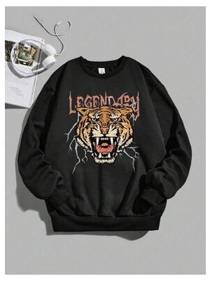 Afternoon Kids Siyah Erkek Çocuk Legendary Kaplan Baskılı Bisiklet Yaka Sweatshirt