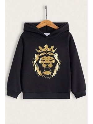 Afternoon Kids Erkek Çocuk Siyah Kapüşonlu Altın Aslan Baskılı Sweatshirt