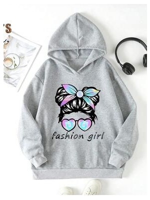 Afternoon Kids Kız Çocuk Gri Kapüşonlu Fashion Girl Baskılı Sweatshirt