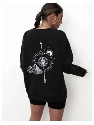 Lecatte Kadın Siyah Sırt Pusula Baskılı Oversize Sweatshırt