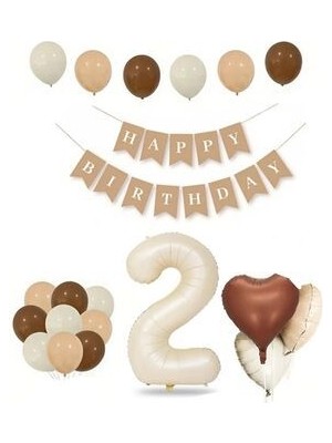 Asöy 2 Iki Yaş Retro Doğum Günü Seti Krem Rakam Folyo, Banner, Kalp Folyo ve Lateks Balon Retro Renkler