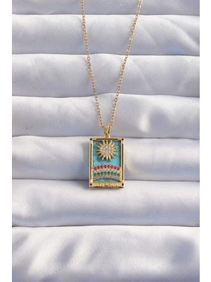 Clariss 316L Çelik Zincir Gold Renk Güneş Detay Renkli Zirkon Taşlı Tarot Kolye