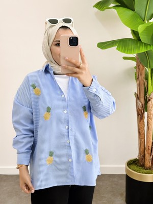 Asel Fashion Çizgili Desen Poplin Ananas Nakışlı Gömlek Mavi