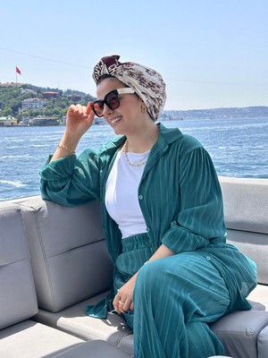 Asel Fashion Pileli Saten Gömlekli Takım Nil Yeşil