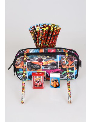 Hot Wheels Yeni Sezon Lisanslı Hot Wheels Kalem Çantası,2 Adet Kurşun Kalem,silgi ve Çift Bıçaklı Kalemtraş Kırtasiye Seti