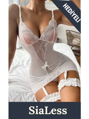 Sialess Lingerie Kadın Seksi Beyaz Jartiyer Takım Elbise Dantelli Çeyiz Gecelik - J-3103