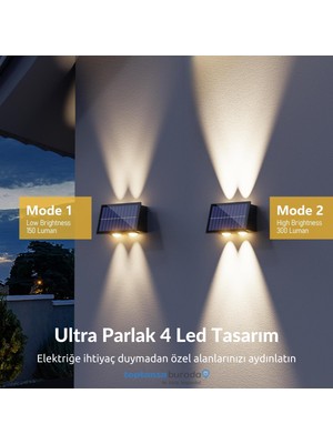 Technosmart 1ADET Güneş Enerjili Çift Taraflı 4 Ledli Aplik Sarı Işık Duvar Lambası Bahçe Aydınlatma