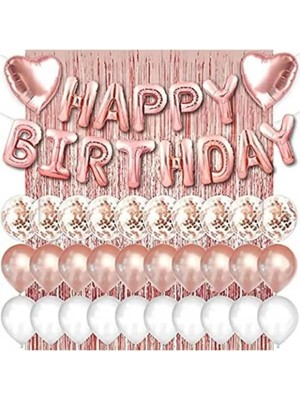 Store Rose Gold Pembe Happy Birthday ve Kalp Folyo ve 30 Rose Beyaz Şeffaf Balonlu Arka Fon Perde Set