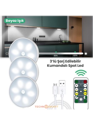 Technosmart 3lü Spot LED Kumandalı USB Şarjlı Akıllı Hareket Sensörlü Beyaz Renk Kablosuz Lamba