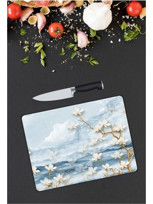 Kiraz Çiçeği Butik Beyaz Çiçekler | Cam Kesme Tahtası |  25 x 35 cm