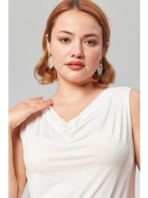 Sea Moda Degaje Yaka Sandy Büyük Beden Kadın Basic Bluz 4 Mevsim Rahat Kullanım Şık Atlet-Ekru