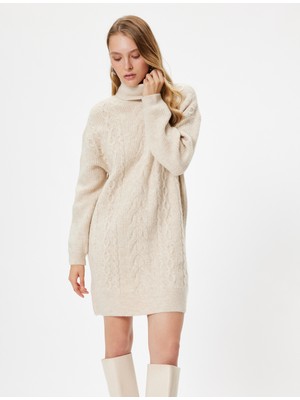 Koton Midi Boy Triko Elbise Balıkçı Yaka Saç Örgü Dokulu Rahat Kalıp