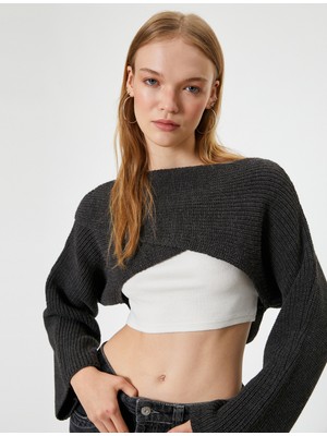 Koton Crop Triko Kazak Kayık Yaka Katlı Çan Kol