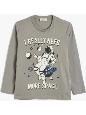 Koton Tişört Uzay Baskılı Uzun Kollu Bisiklet Yaka Pamuklu
