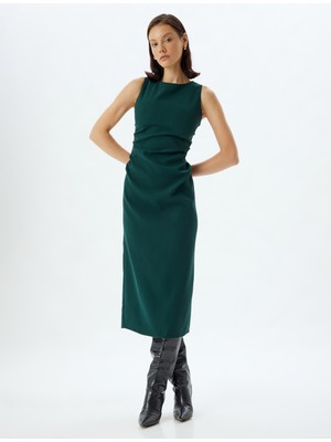 Koton Kalem Elbise Midi Boy Kolsuz Bisiklet Yaka Krep Kumaş Slim Fit