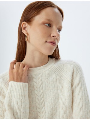 Koton Örgü Triko Kazak Saç Örgü Dokulu Uzun Kollu Bisiklet Yaka