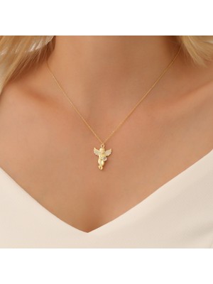 Nox Jewelry 14K Altın Kaplama Melek Figürlü Zarif Kadın Kolye - Taşlı Melek Kolye - CNS00531