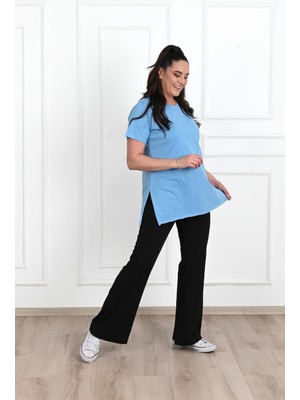 Moda Xlarge Kadın Bisiklet Yaka Yırtmaç Detaylı Büyük Beden Tshirt 9633-22