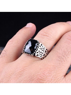 Takı925 Siyah Renk Zirkon Taşlı 925 Ayar Gümüş Erkek Yüzük