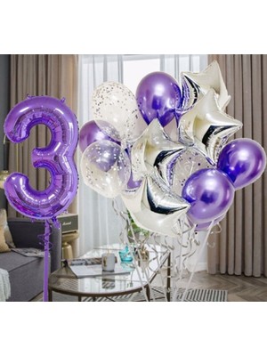 Mg Store Mor 3 Yaş Balon Seti Mor Renk Rakam Balon Set Doğum Günü Parti Mor Renk Helyum Balon Mor Rakam Balon