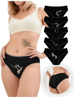 Alya Underwear Kadın Pamuklu Bato / Hipster Slip Külot - Kedi Baskılı, 5'li Paket (MULTICOLOR-P13)