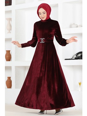 Taş Tokalı Kadife Abiye Elbise 2414