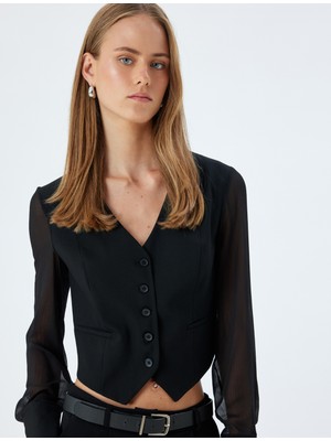 Koton Crop Yelek Uzun Tül Kollu V Yaka Düğmeli Cepli