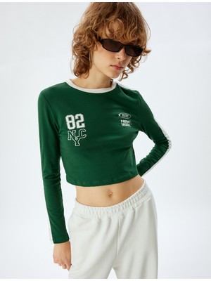 Koton Crop Tişört Arkası Kolej Baskılı Bisiklet Yaka Biyeli Slim Fit